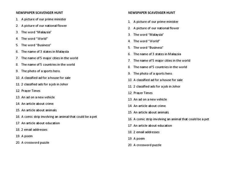 Newspaper Scavenger Hunt PDF Comics Leisure