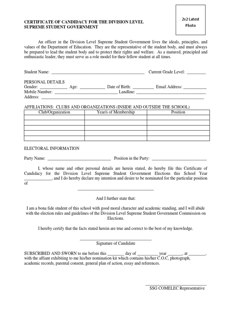 Certificate Of Candidacy For The Supreme Student Government Pdf Social Institutions Social Science