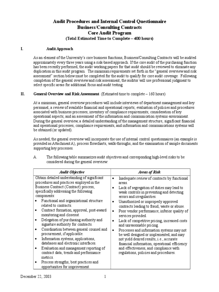 Audit Procedures and Internal Control Questionnaire Business/Consulting ...