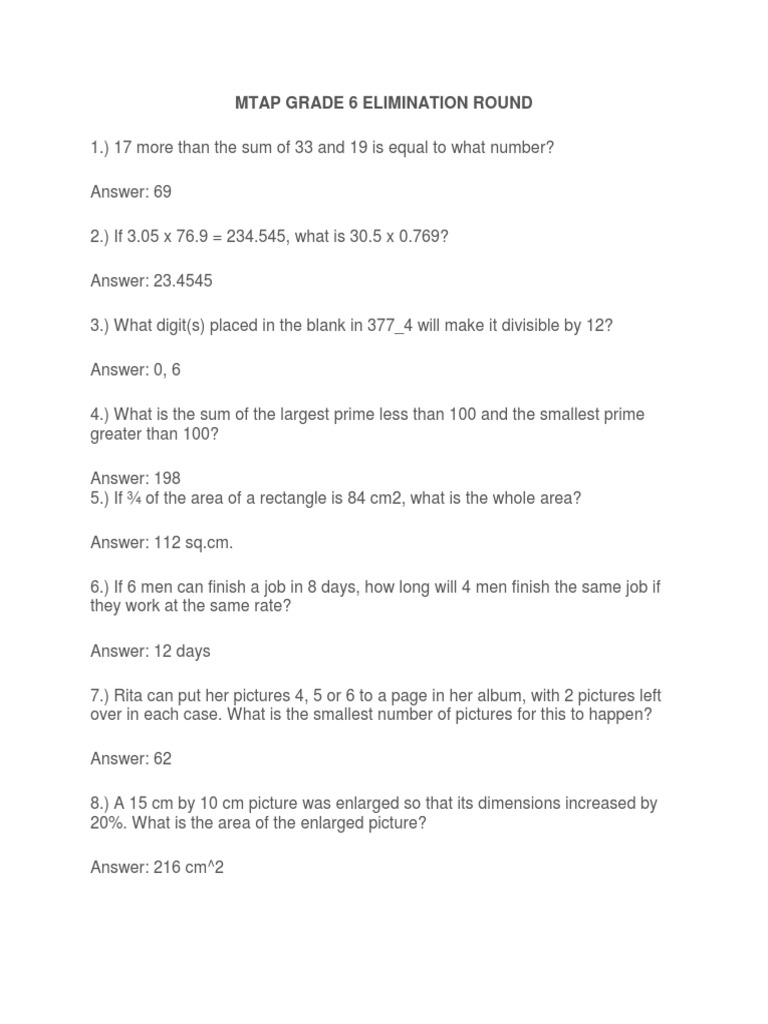 Mtap Grade 6 Elimination Round PDF Numbers Elementary Geometry