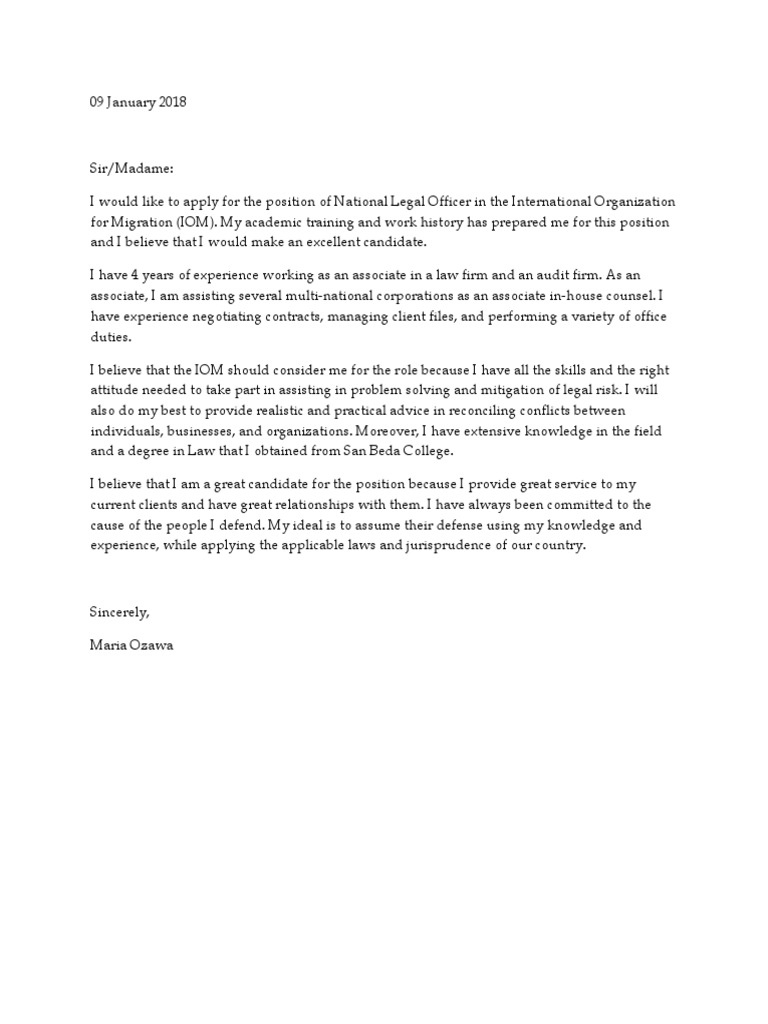 49 In House Counsel Cover Letter