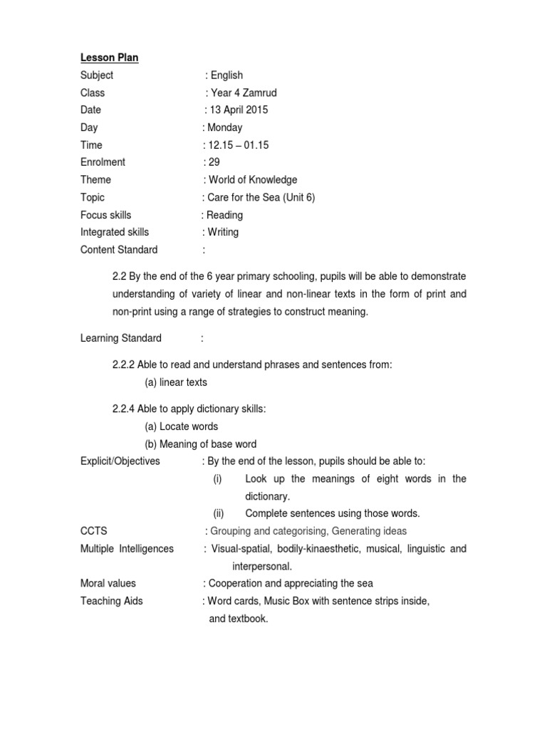Year 4 English Lesson Plan: Care for the Sea | PDF | Lesson Plan ...