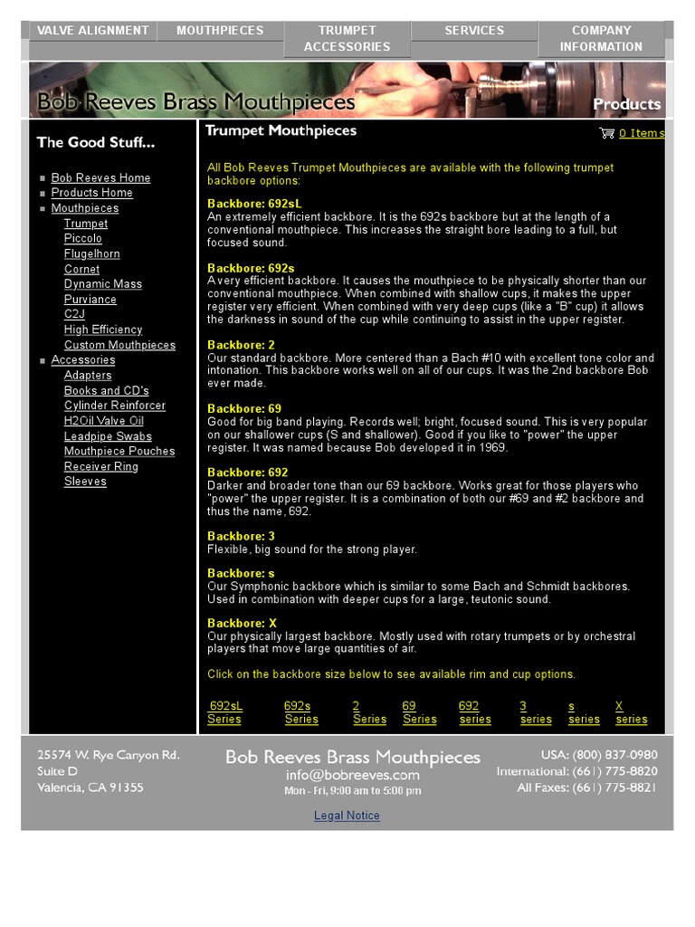 Bob Reeves Mouthpiece Options Guide | PDF | Trumpet | Music Production