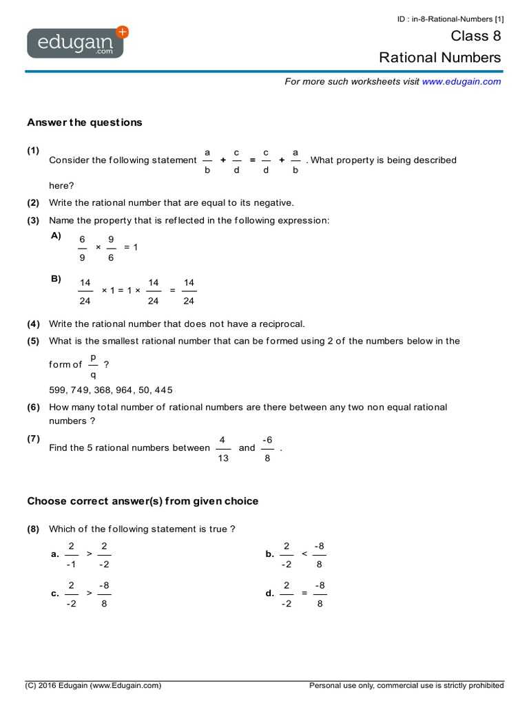 Grade 11 Rational Numbers in PDF  Fraction (Mathematics Regarding Ordering Rational Numbers Worksheet
