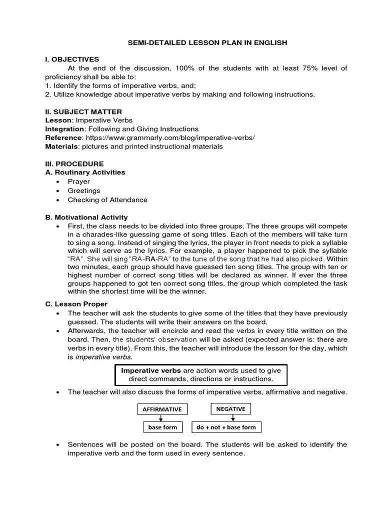 Imperative Verbs Lesson Plan for Grade 7 | PDF | Lesson Plan | English ...