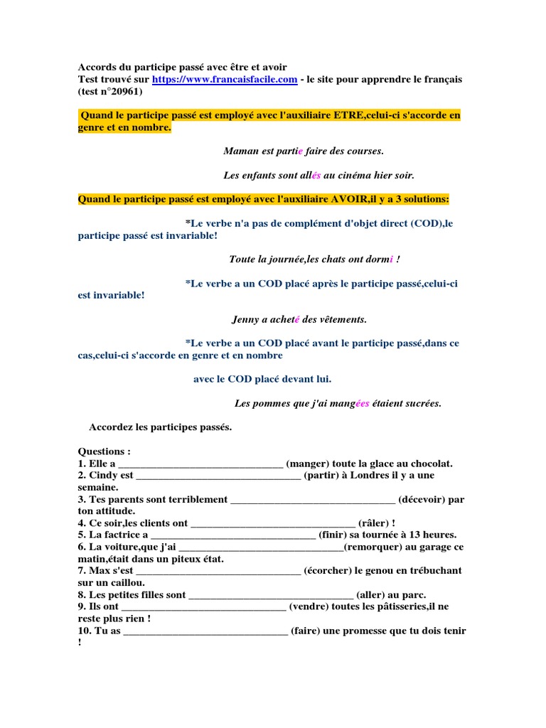 Accord Du Participe Pass tre Et Avoir PDF