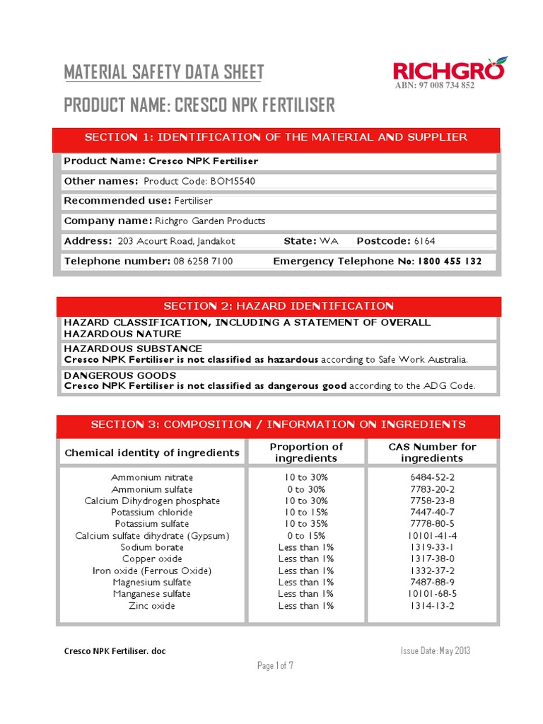 Cresco NPK Fertiliser MSDS PDF Fertilizer Magnesium