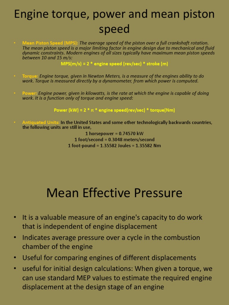 Engine Torque, Power and Mean Piston Speed PDF Internal Combustion