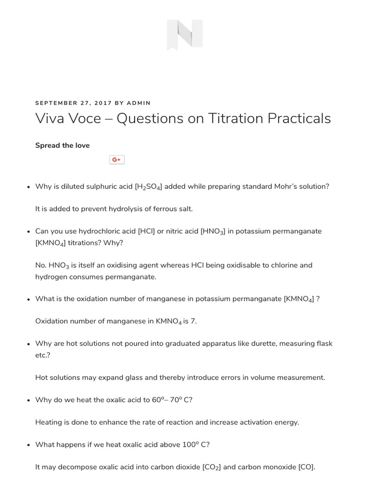 Chemistry Viva ( (Viva Questions On Titration PDF Hydrochloric Acid