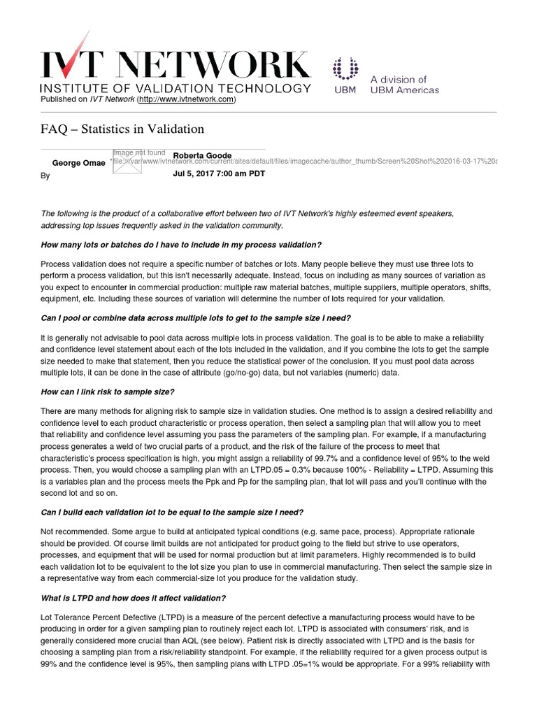 IVT Network FAQ Statistics in Validation 20170705 PDF Reliability Engineering