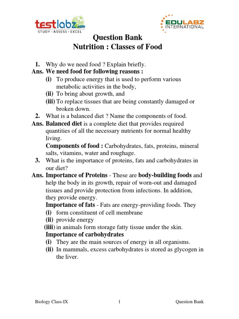 Question Bank Nutrition Classes of Food Nutrition Iodine