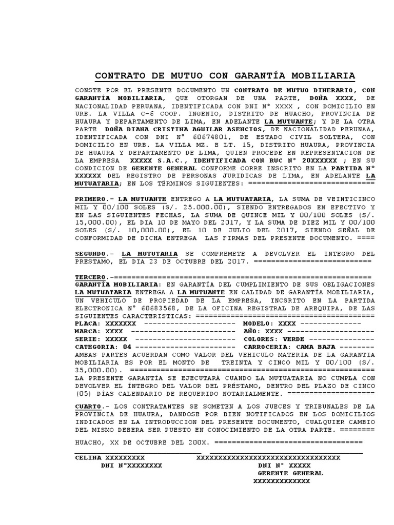 Modelo de Contrato de Mutuo Con Garantía Mobiliaria