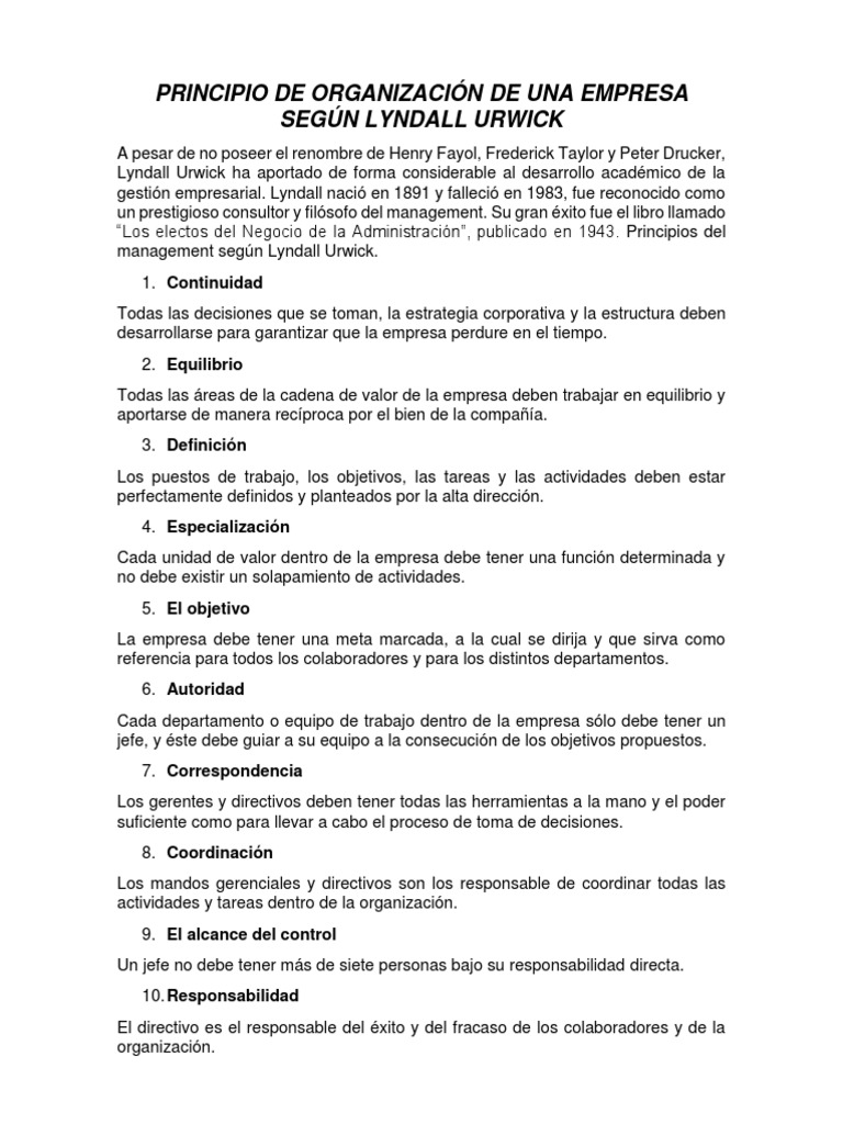Principio de Organización de Una Empresa Según Lyndall Urwick ...