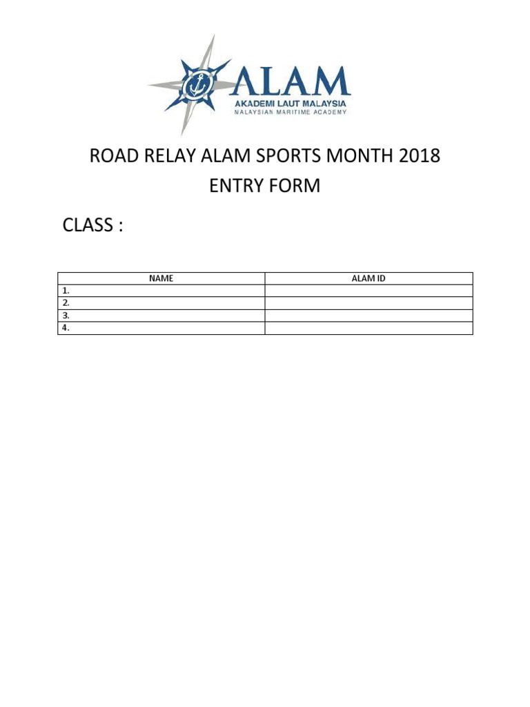 Road Relay Alam Sports Month 2018 Entry Form Class | PDF