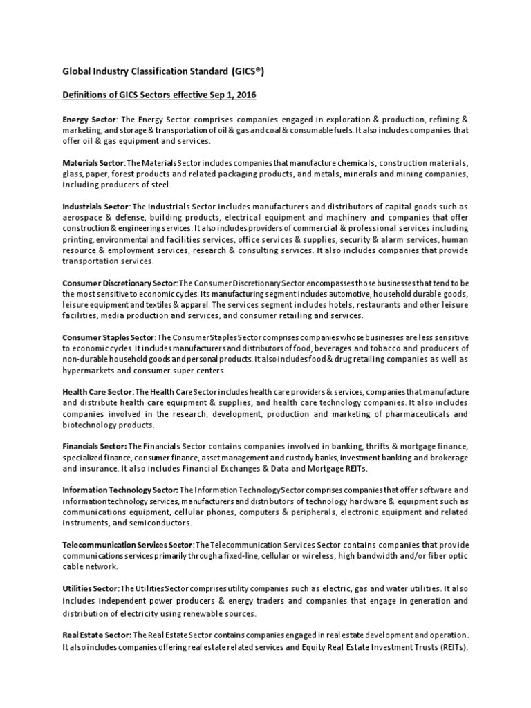 GICS Sector Definitions-Sep 2016 | PDF | Energy Industry ...