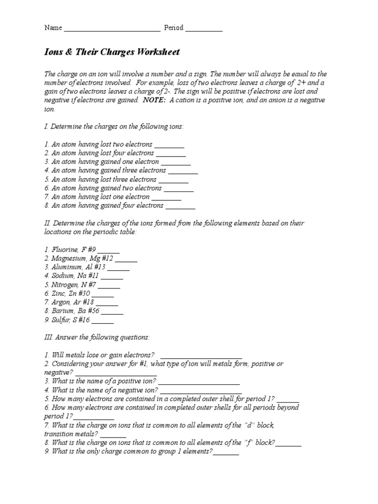 1 Ions Worksheet Ion Atomic Physics