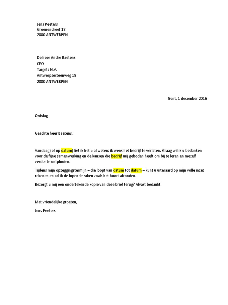 Voorbeeld Ontslagbrief Pdf
