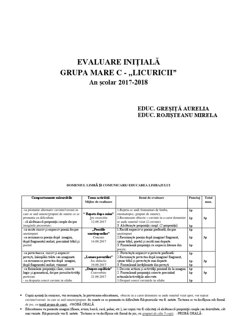 2017-2018-Evaluare Initiala Grupa Mare | PDF