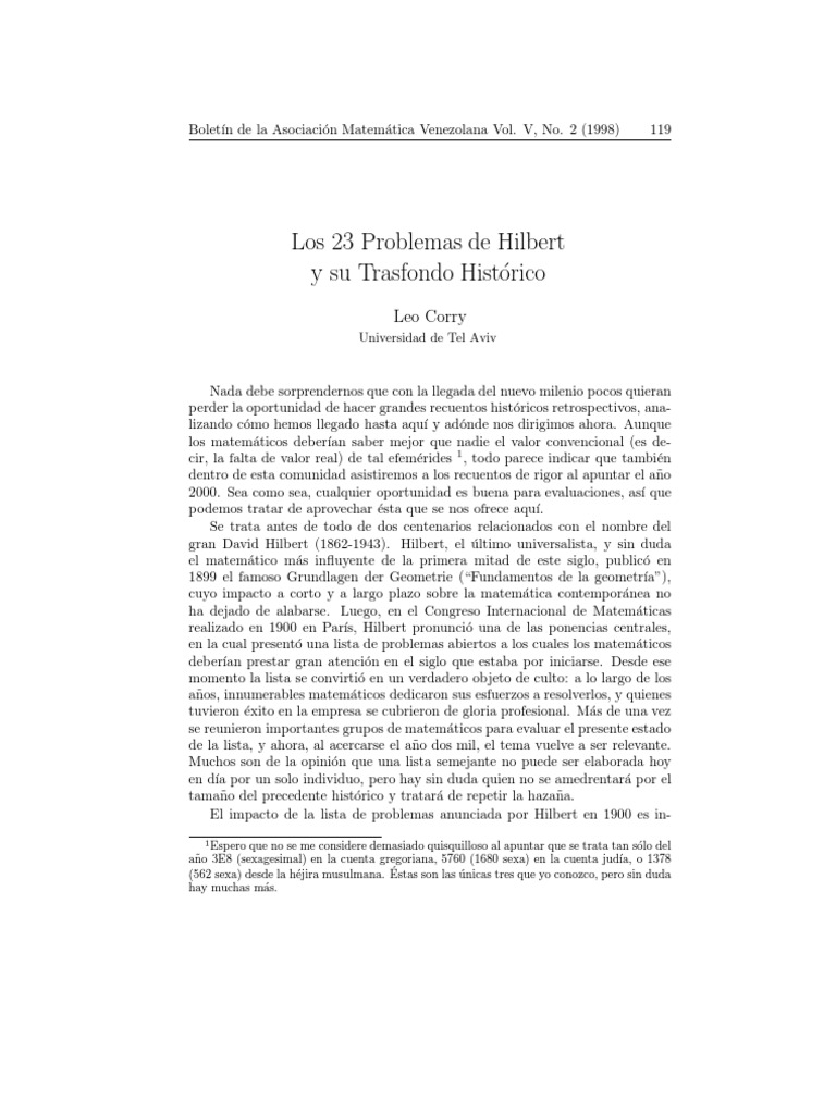 Problemas de Hilbert PDF Axioma Enseñanza de matemática