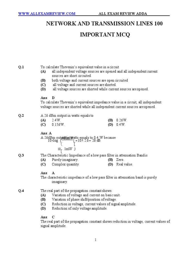 Network and Transmission Lines 100 MCQ | PDF | Electrical Impedance ...