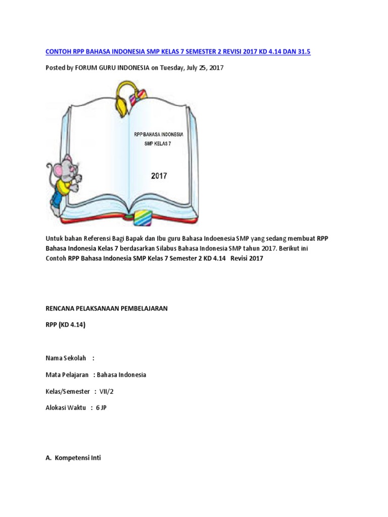Contoh Rpp Bahasa Indonesia Smp Kelas 7 Semester 2 Revisi