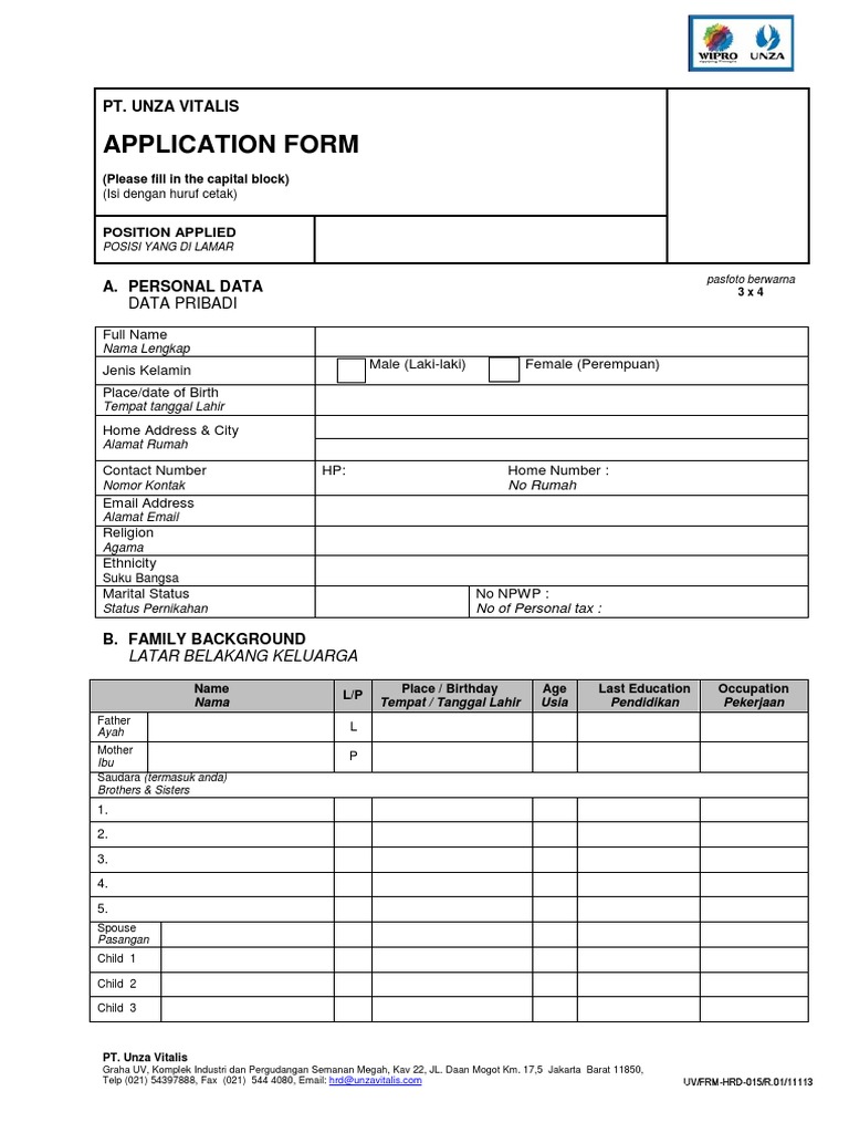 Application Form PT Unza Vitalis 2013 PDF