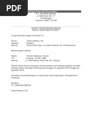 Contoh Surat Keterangan Kerja