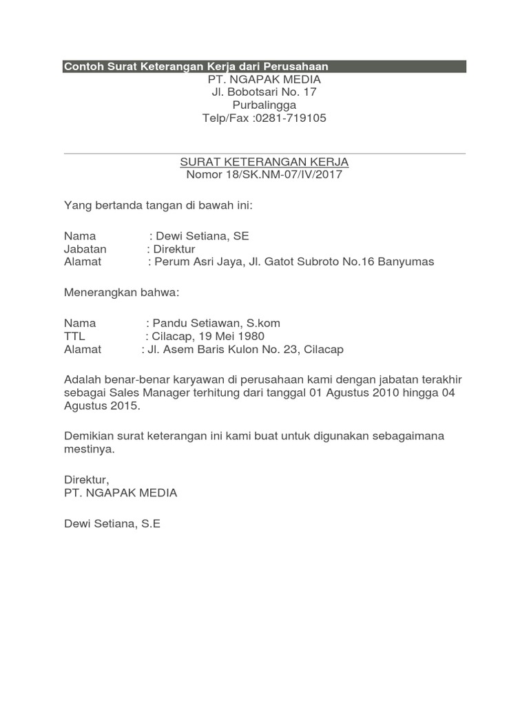 Contoh Surat Keterangan Kerja