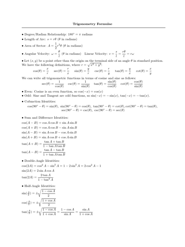 Trigonometry Formulae | PDF