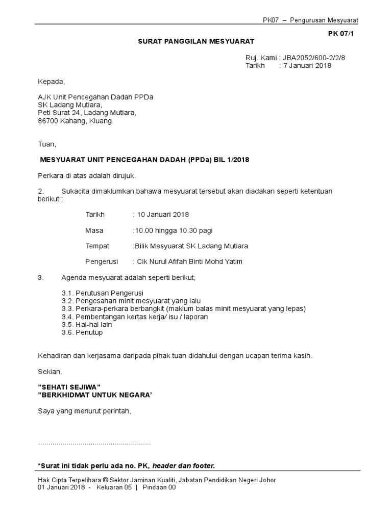 Surat Pangilan Minit Musyuarat
