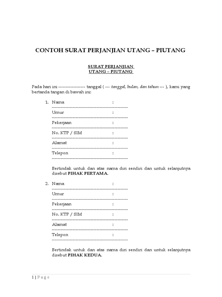 Contoh Surat Perjanjian Utang Piutang Fh Uii