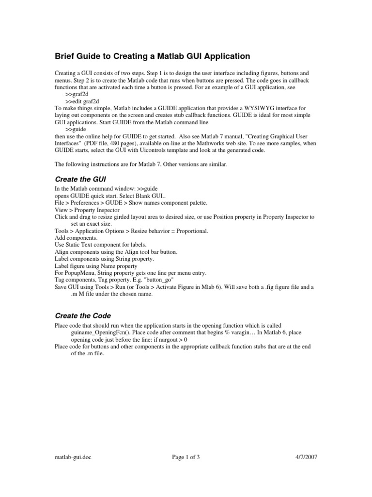 Brief Guide To Creating A Matlab GUI Application PDF Graphical User