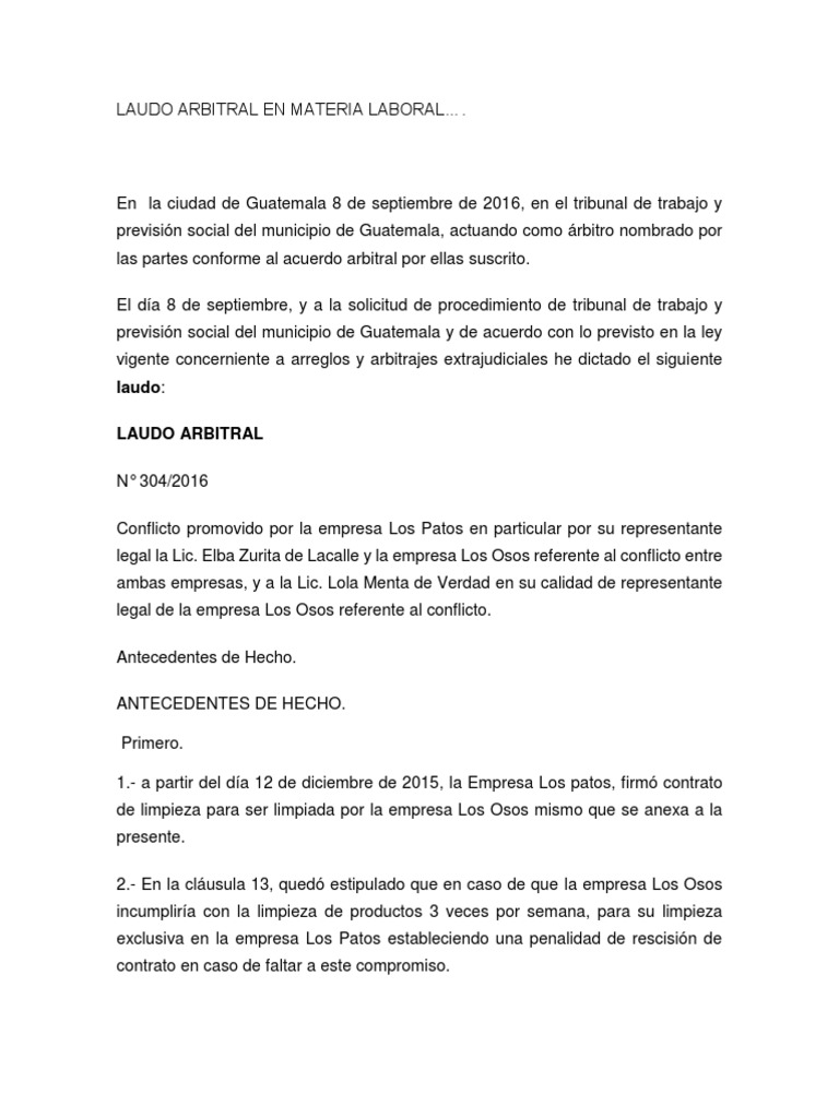 Modelo De Laudo Arbitral Laboral Arbitraje Virtud