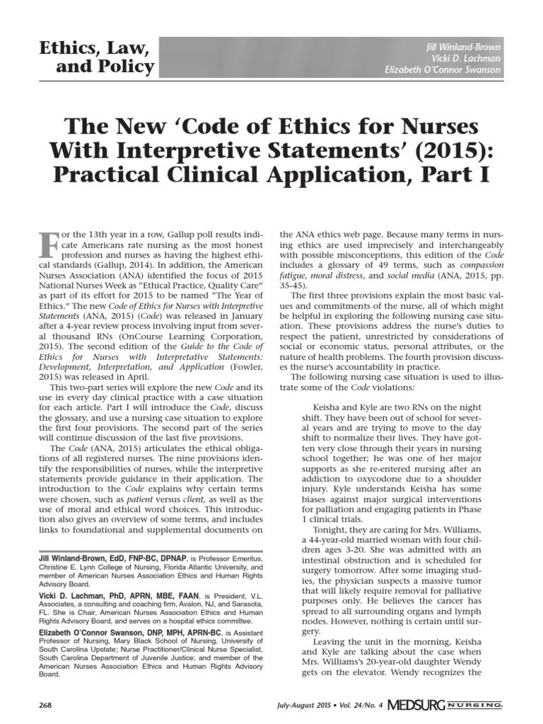 The New ANA Code of Ethics for Nurses Practical Clinical Application Part I Nursing Patient