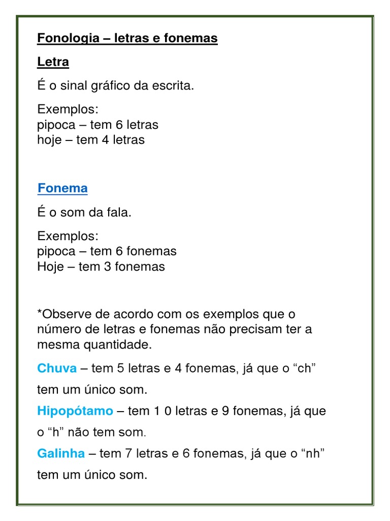 Fonemas e Letras: Exemplos e Definições | PDF | Artes Linguísticas e ...