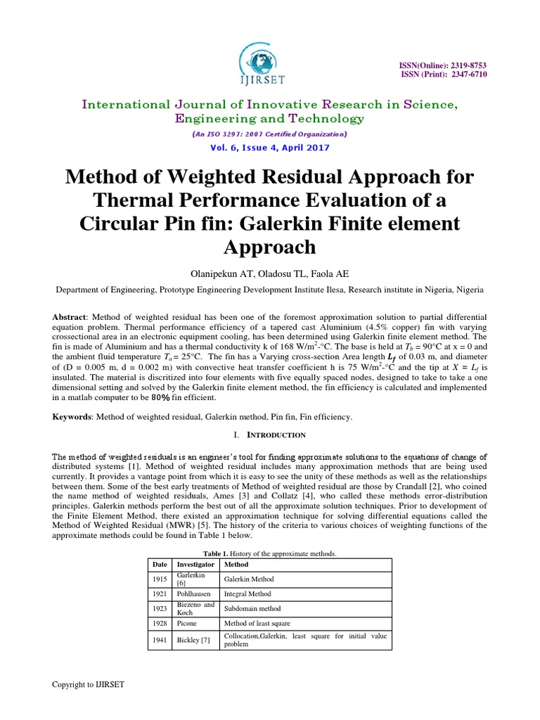 Method of weighted residual approach for thermal performance evaluation