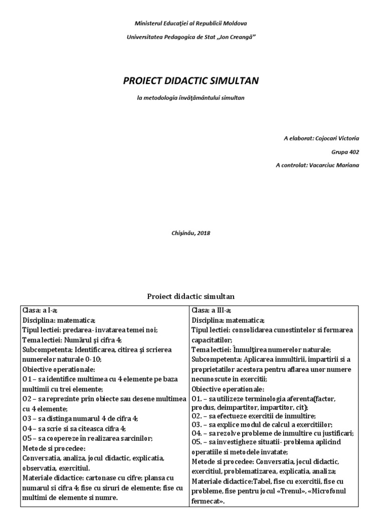 Proiect Didactic Simultan Clasa 1 3