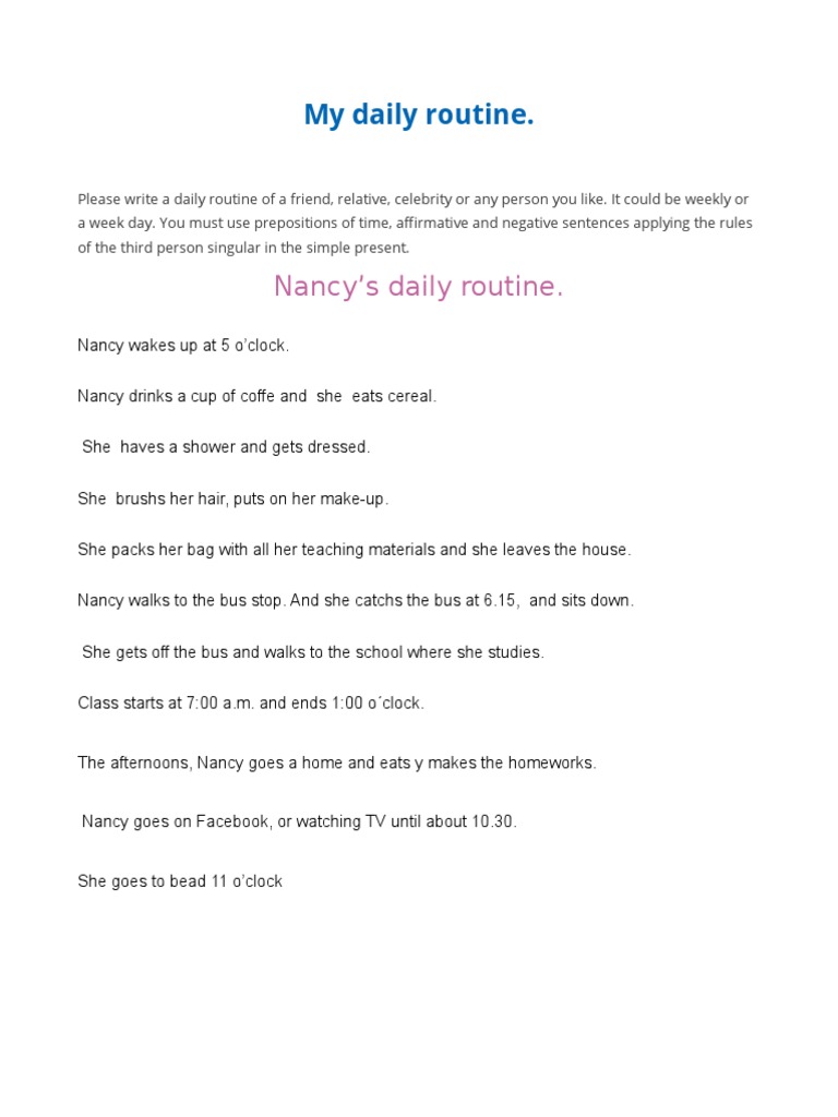 Nancy's Daily Routine Overview | PDF | Self-Improvement