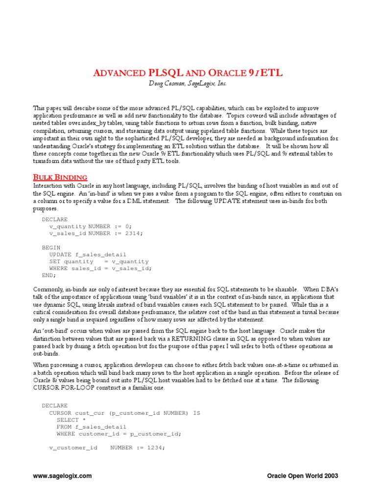 Advanced PLSQL and Oracle 9i Etl | PDF | Pl/Sql | Oracle Database