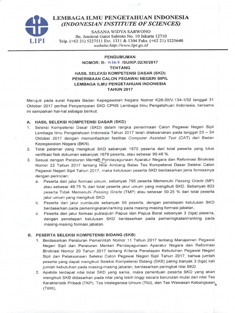 14 11368 Pengumuman Hasil Seleksi Kompetensi Dasar CPNS LIPI PDF PDF