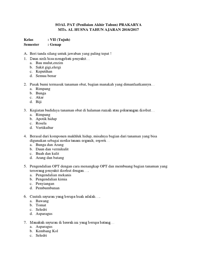 Soal Pat Prakarya Kls 7