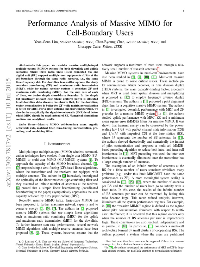 Performance Analysis of Massive MIMO For Cell-Boundary Users | PDF ...