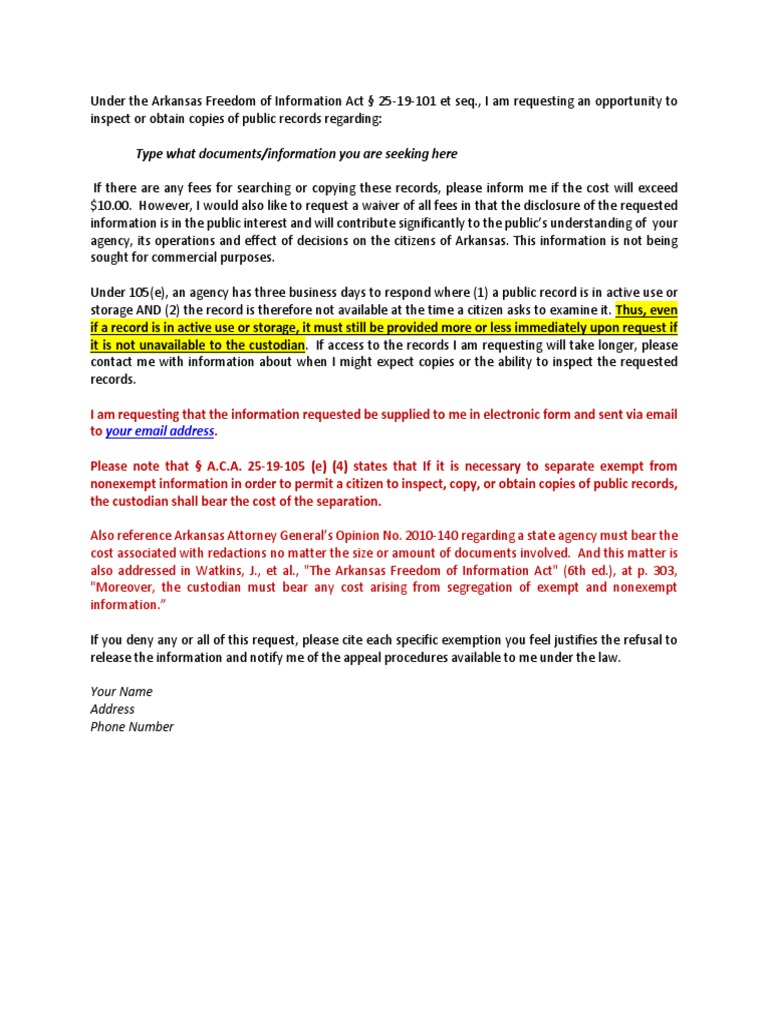 Arkansas Freedom of Information Request Template PDF