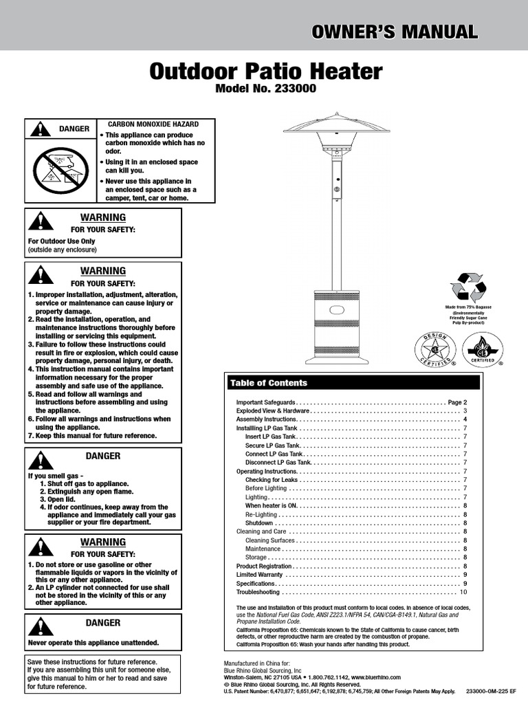 Outdoor Patio Heater Owner'S Manual PDF Leak Hvac