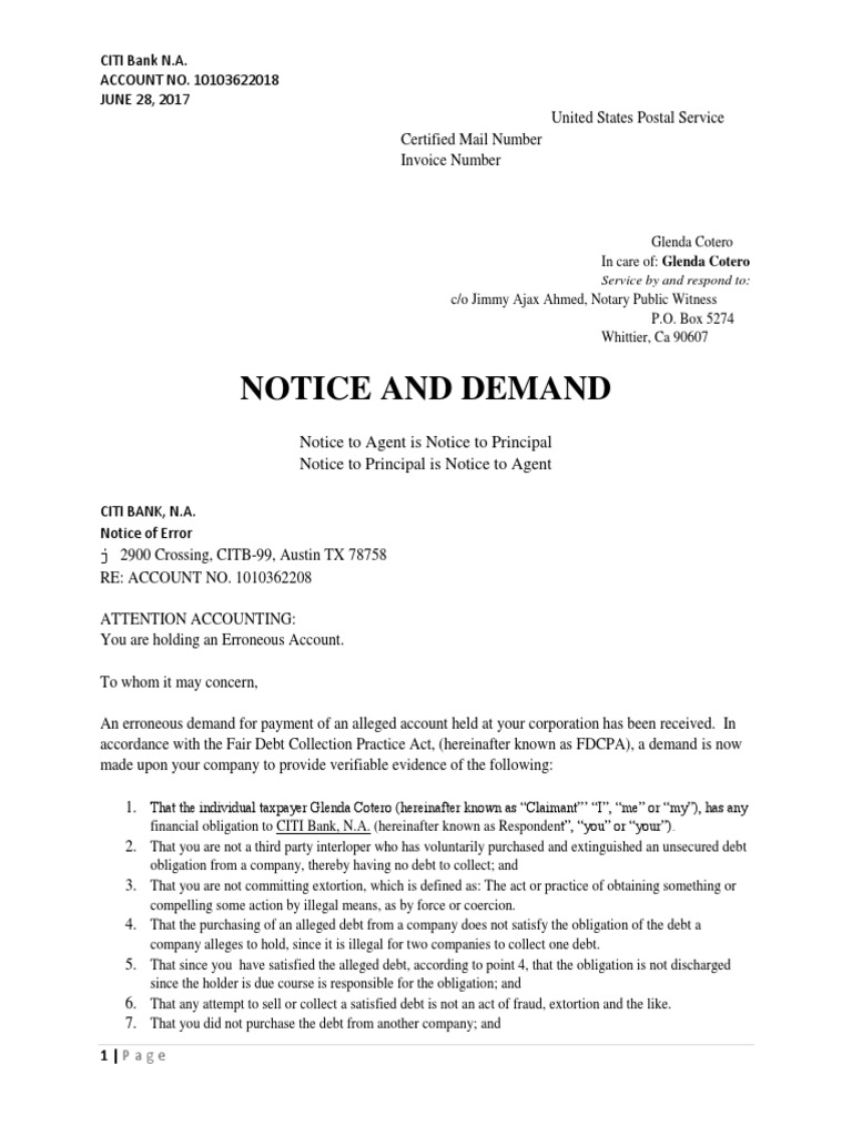 Notice and Demand Letter Affidavit Authentication