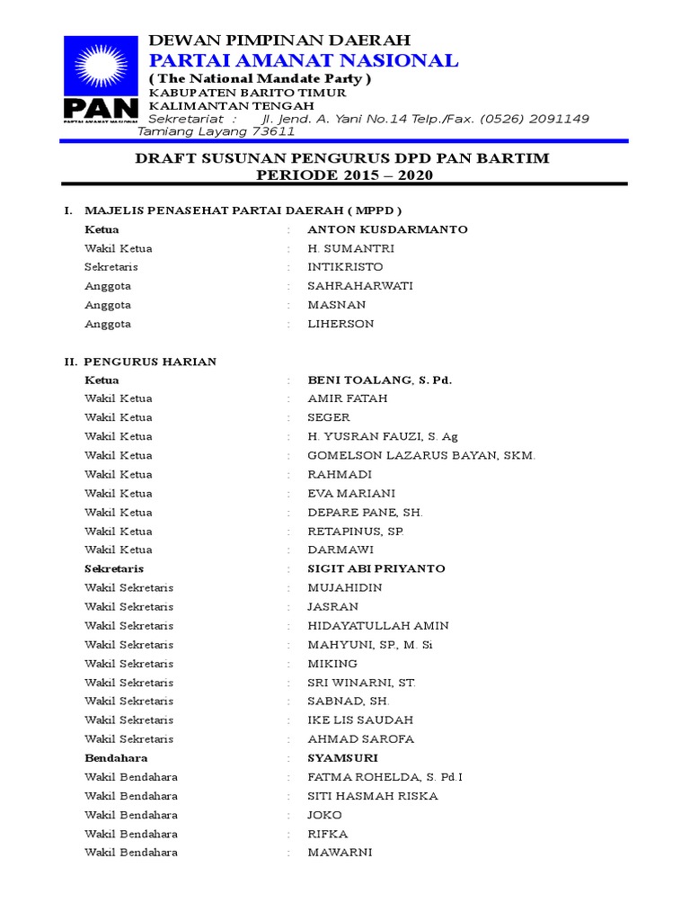 Susunan Pengurus DPD PAN Bartim 2015-2020 | PDF | Perjalanan ...