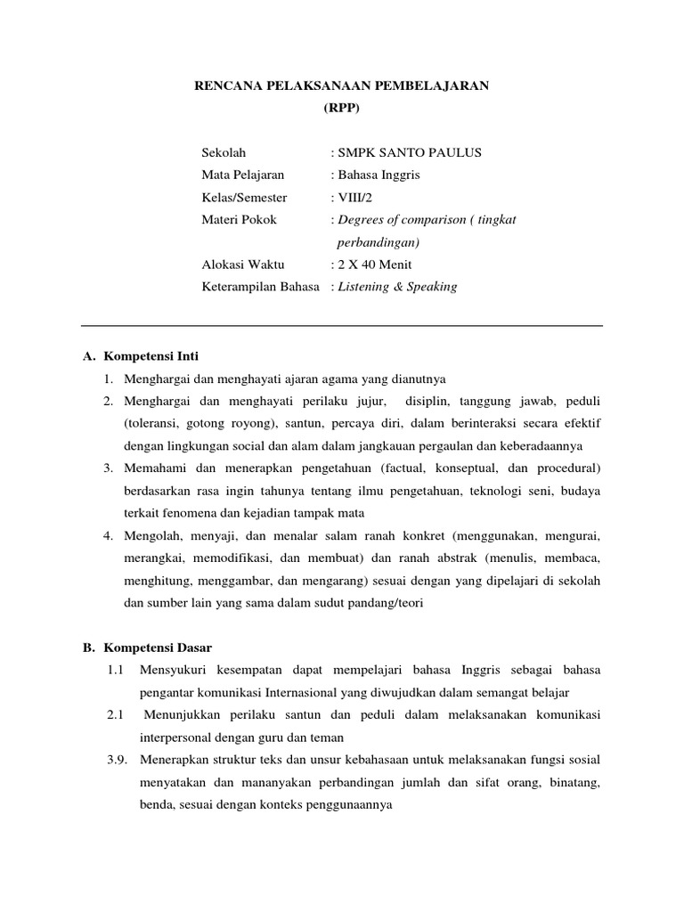 RPP Bahasa Inggris Kelas 8: Perbandingan | PDF | Seni & Disiplin Bahasa