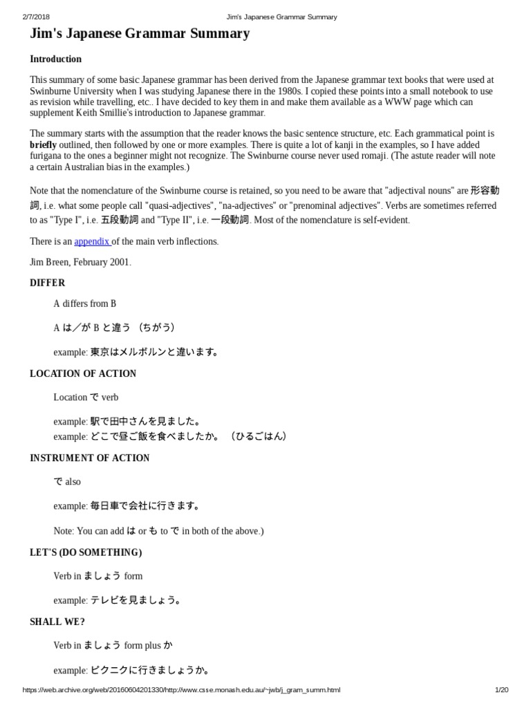 Japanese Grammar Summary Guide | PDF