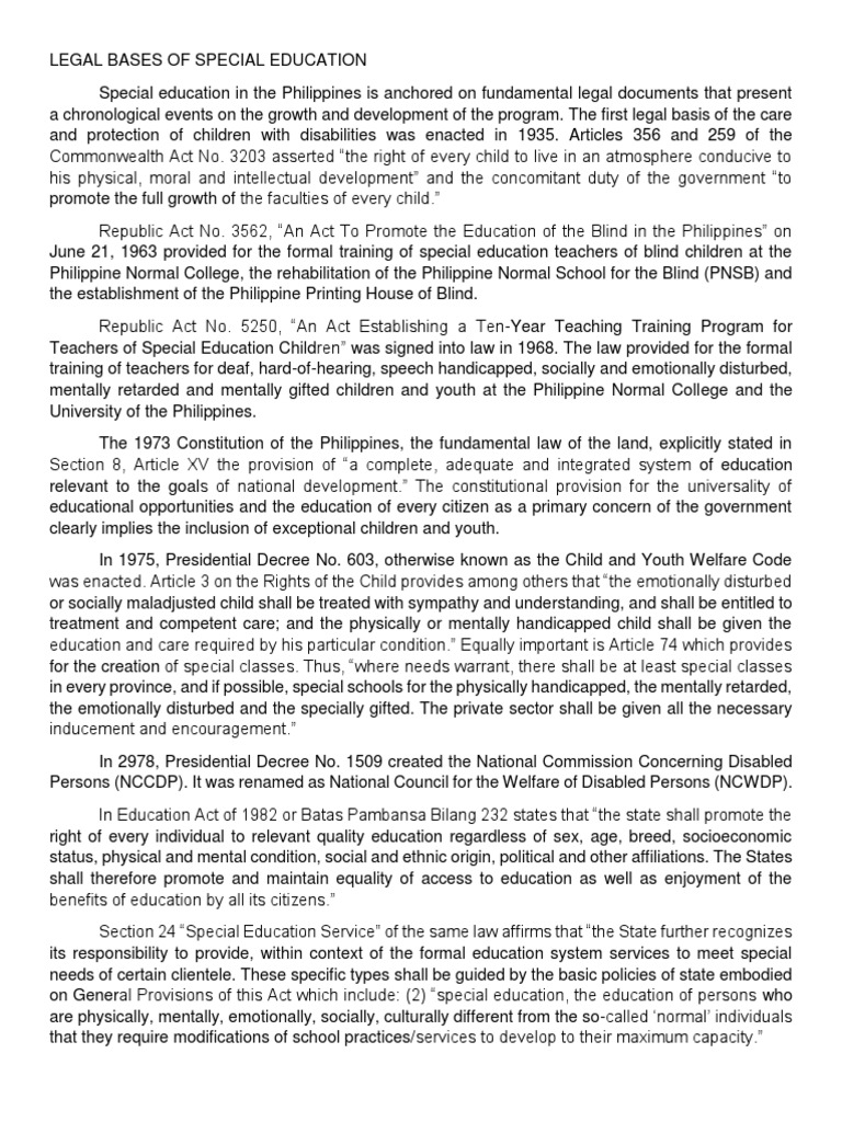 Legal Bases Of Special Education Pdf Special Education Disability