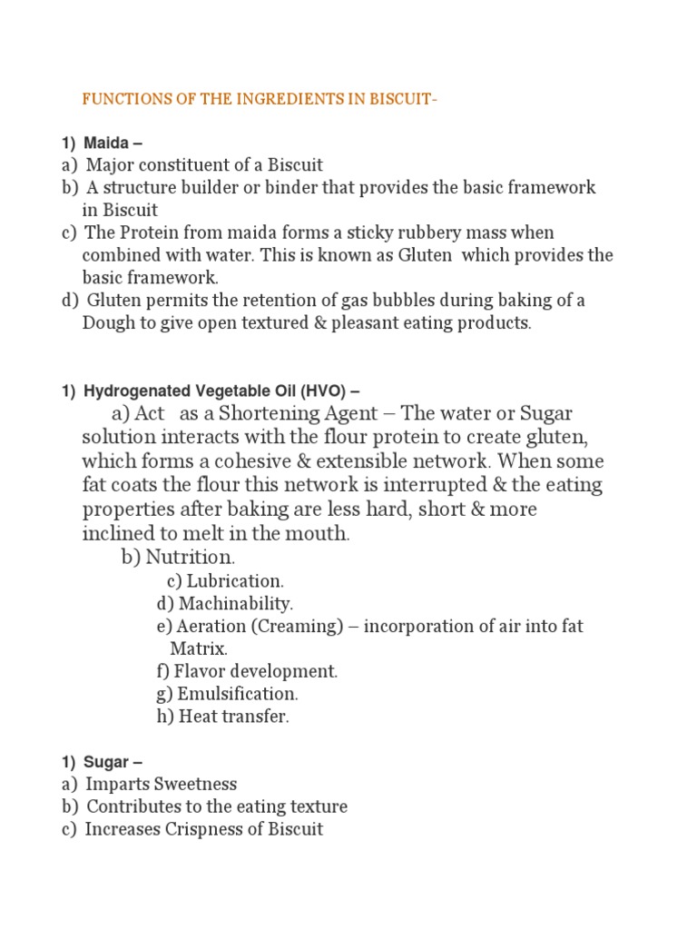 Biscuit Ingredients Functions PDF Dough Sodium Bicarbonate